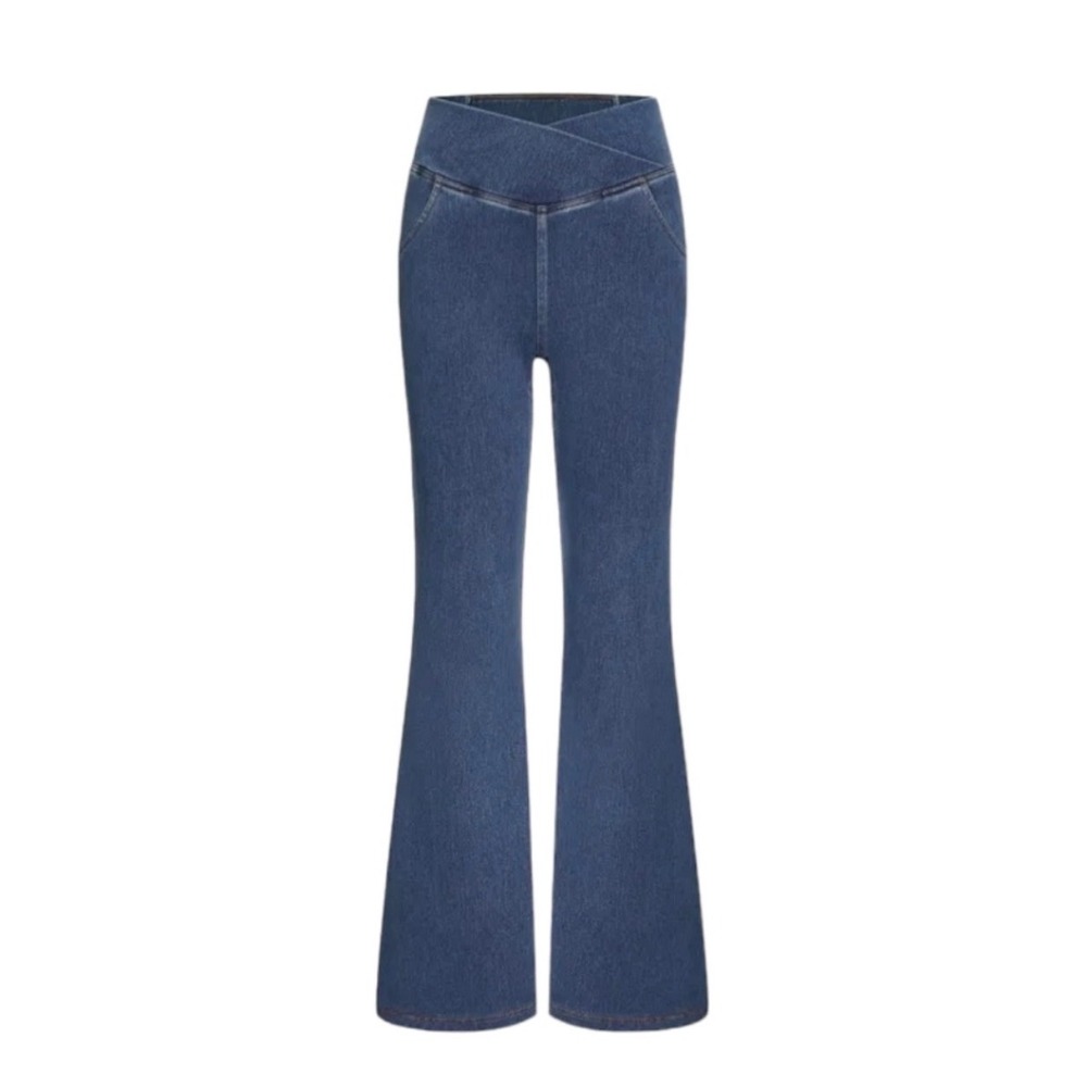 Halara Women Crossover High Waisted Flare Bell Denim Look Leggings Blue Large - Picture 4 of 7